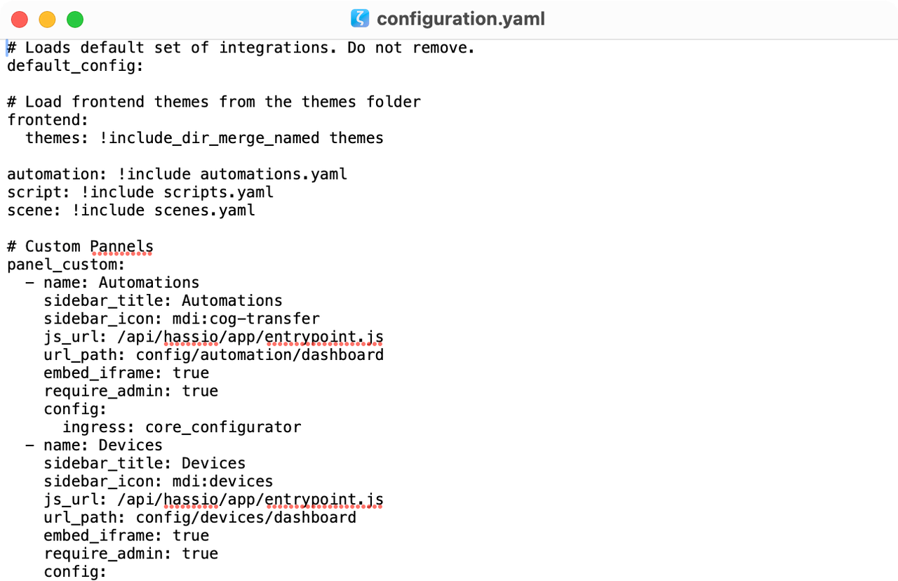 Home Assistant のconfiguration.yaml ファイルを TextEdit で開きます。