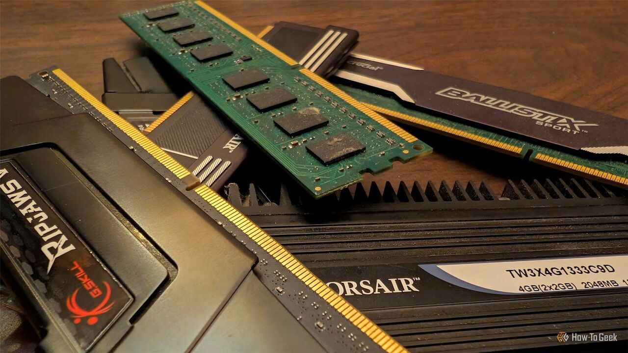 テーブルの上に積まれた古い RAM 。