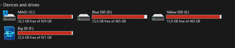 Windows 11 では、複数のドライブがいっぱいであるため赤で表示されます。