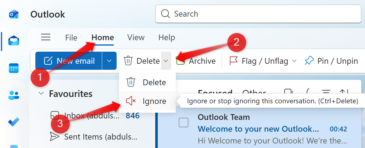 Outlook アプリの無視機能を使用する。