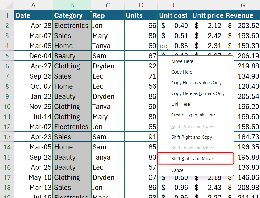 Microsoft Excel の右クリック ドラッグ メニューで[右にシフトして移動]が選択されています。