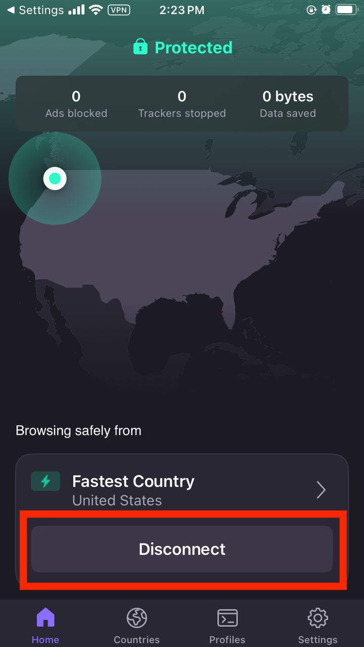 VPN 홈 화면에서 연결 해제 옵션을 찾을 수 있는 위치의 예입니다.