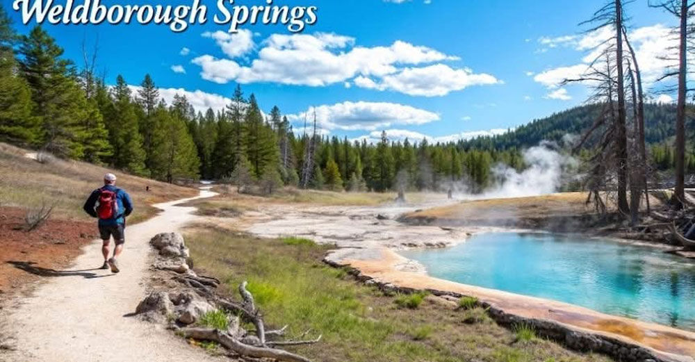 빨간 배낭을 메고 김이 피어오르는 새파란 온천 옆 길을 따라 하이킹을 하는 남자, 흰 구름이 떠 있는 푸른 하늘 아래 소나무들에 둘러싸여 있다.