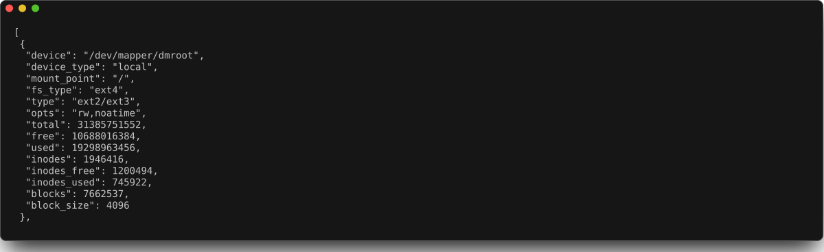 端末ウィンドウに duf からの JSON 出力が表示され、ディスク情報が構造化フォーマットで表示されます。