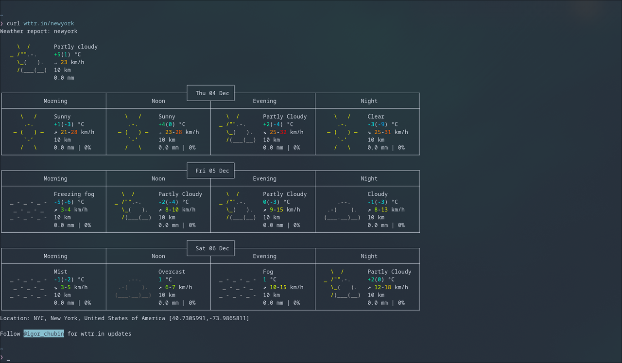 ターミナル内の特定の都市の天気予報を読み込みます。