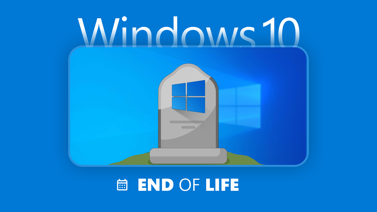 Windows 10のロゴとその下に「END OF LIFE」と書かれた墓石。