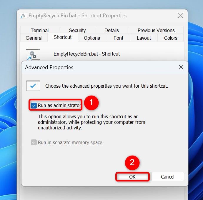 "管理者として実行" そして "わかりました" バッチ ファイルの場合は強調表示されます。
