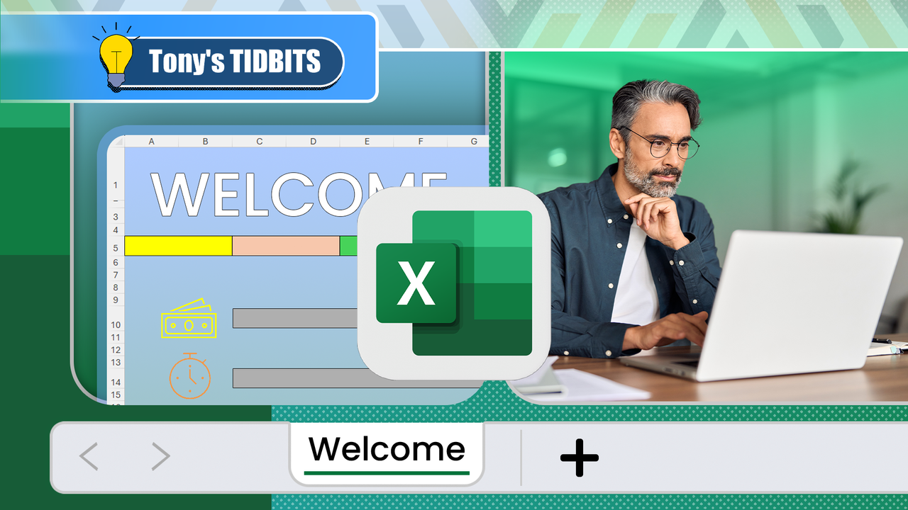 ラップトップで作業している男性が、「ホームページ」ワークシートを備えた様式化された Microsoft Excel インターフェイスの隣におり、中央に Excel のロゴが表示されています。