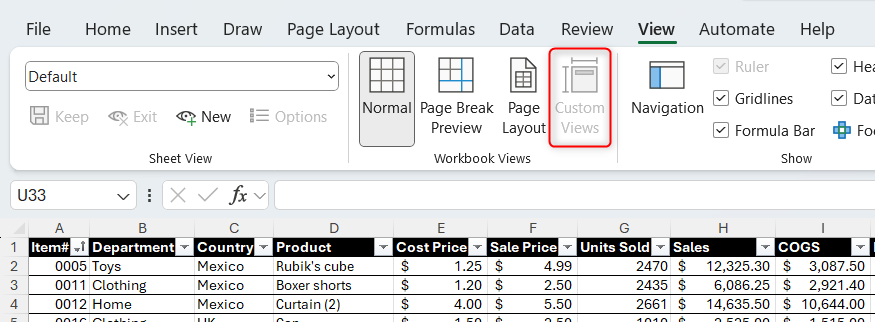 Excel のリボンの[表示]タブでは、カスタム ビューがグレー表示されます。