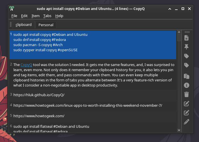 Xfce Linux デスクトップの CopyQ メニュー。-1