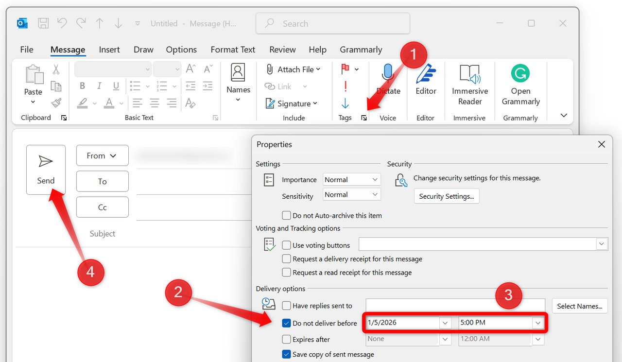 従来の Outlook アプリで後で送信機能を使用する。