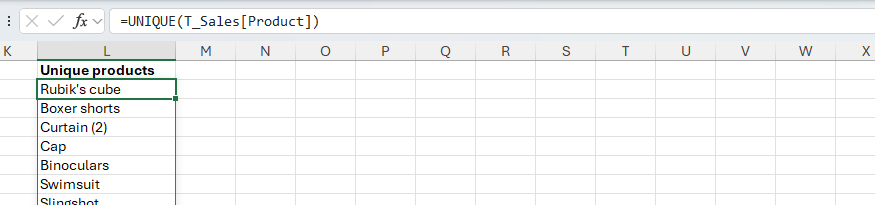 Excel の UNIQUE 関数は、テーブルから流出した製品名の範囲を生成します。