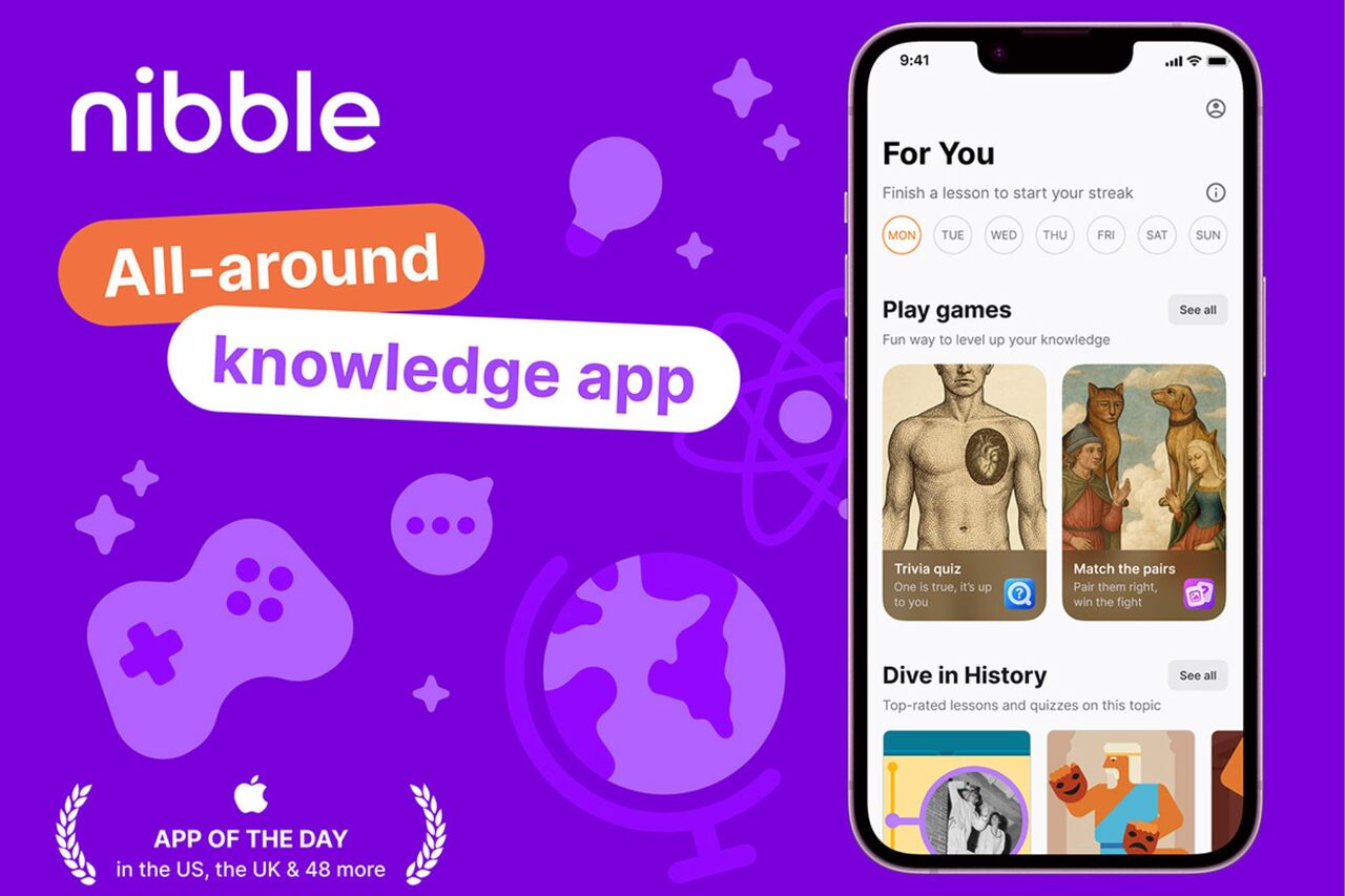 Nibble 앱 인터페이스를 보여주는 그림 "당신을 위한" 매일 수업이 있는 섹션, "게임하기" ~와 함께 "퀴즈" 그리고 "쌍을 맞추고," 그리고 "역사에 빠져보세요."