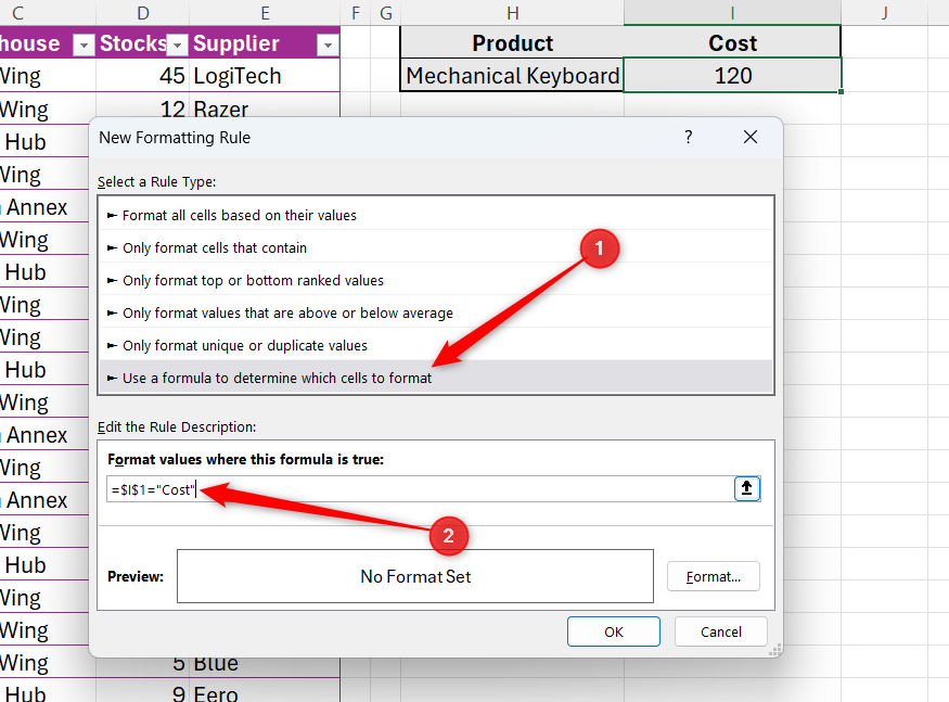 Excel の[新しい書式設定ルール]ダイアログで[数式を使用する...]が選択され、空の数式フィールドに短い数式が入力されます。