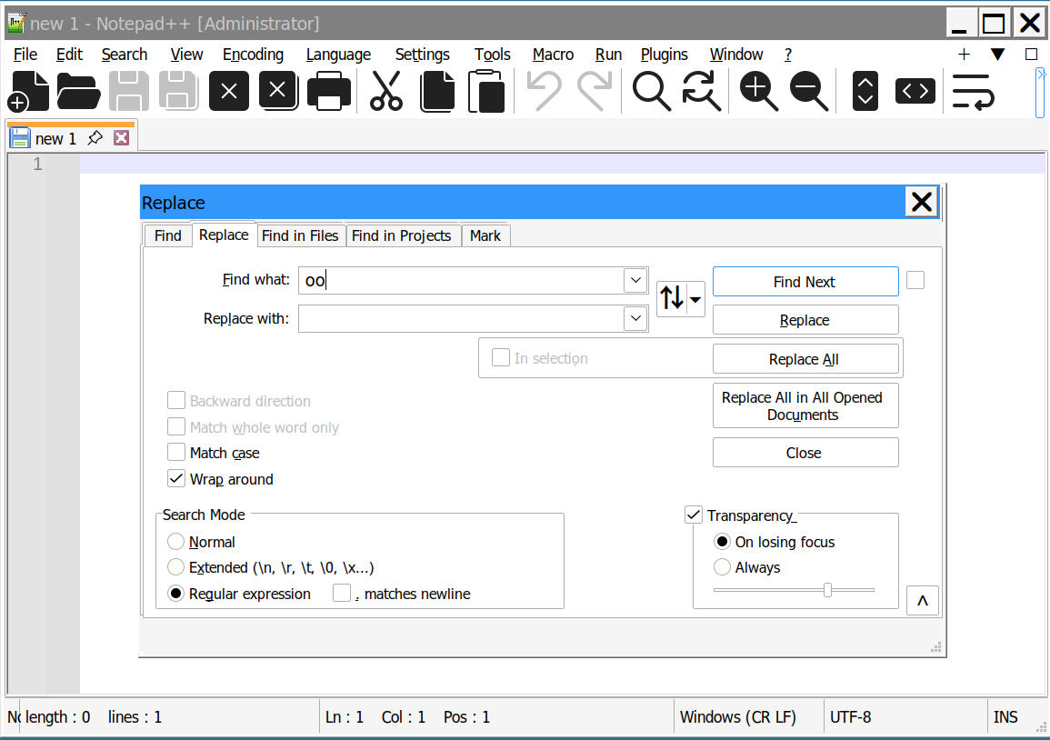 Notepad++ の検索と置換のオプション。