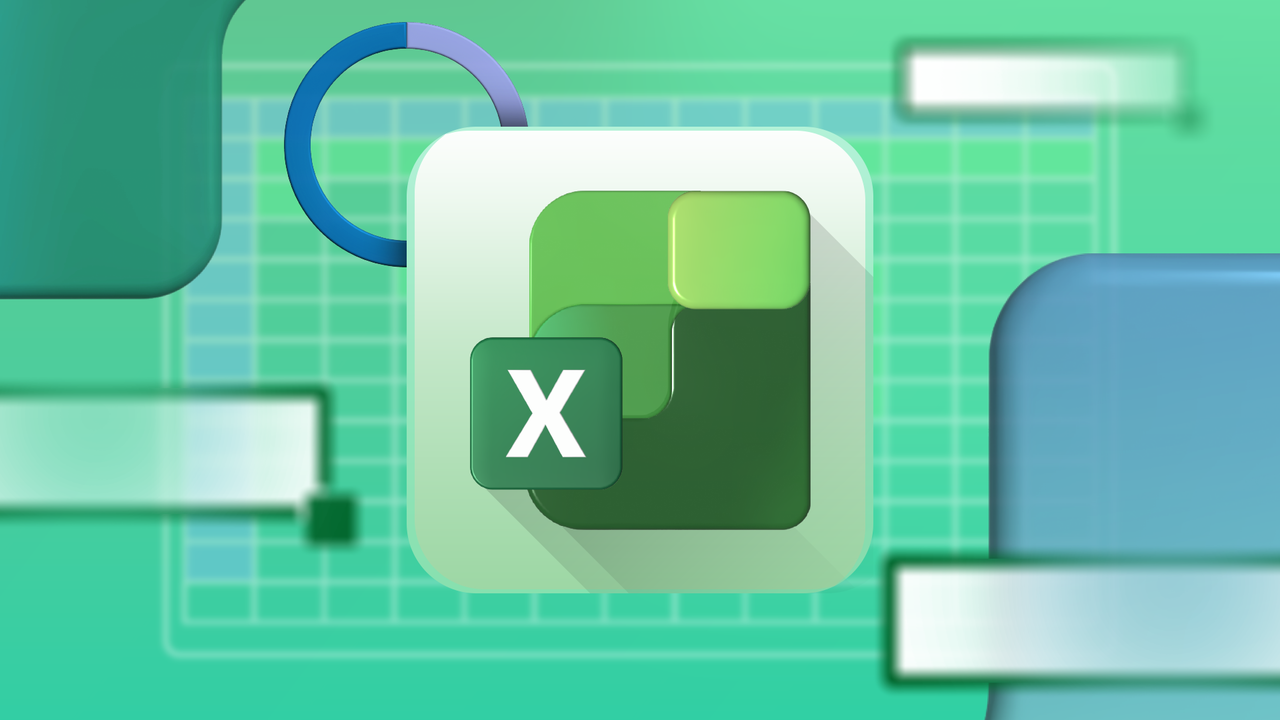 浮動図形とセルを含む様式化されたスプレッドシートの背景の中央に配置された Microsoft Excel のロゴの図。