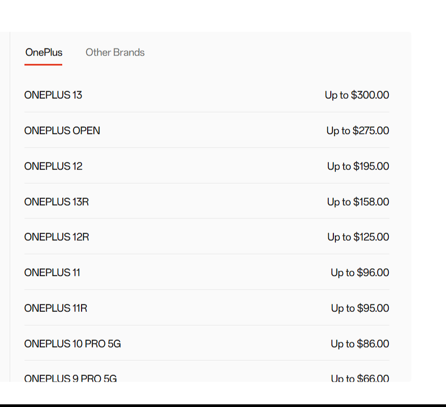 OnePlus が OnePlus スマートフォンの下取り価格を提示する金額のリスト。