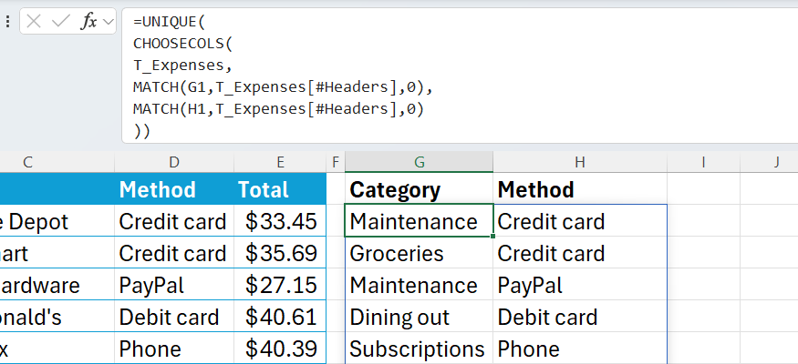 MATCH と CHOSECOLS は UNIQUE 内にネストされており、Excel テーブルから一意のカテゴリとメソッドの組み合わせを動的に抽出します。