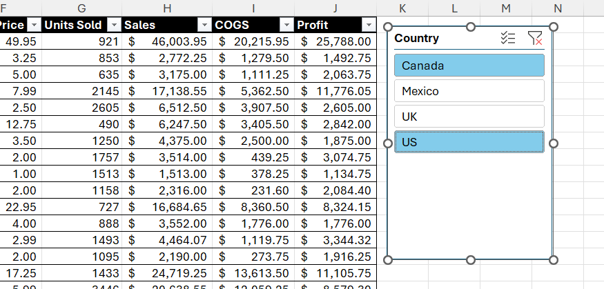 Excel スライサーでカナダと米国が選択され、これら 2 か国で国列がフィルターされます。