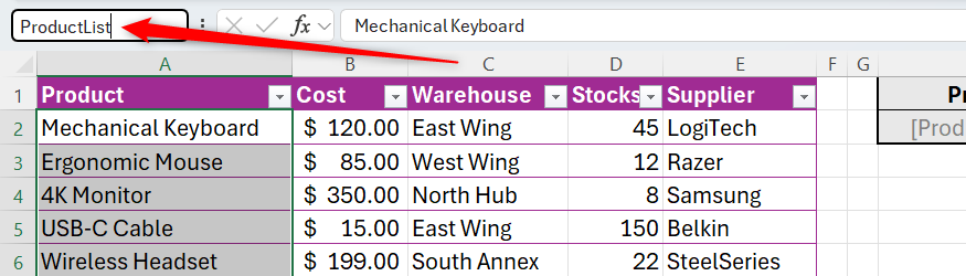 Excel テーブルの列 A には、名前ボックスで範囲名 ProductList が割り当てられます。