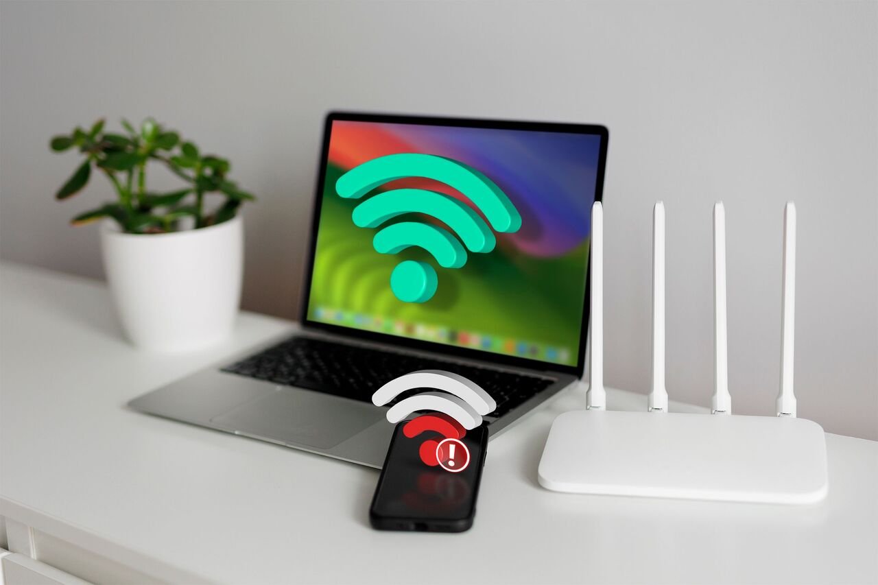 Wi-Fi 信号が強いラップトップ、Wi-Fi 信号が弱い電話、そしてその横にルーターがあります。