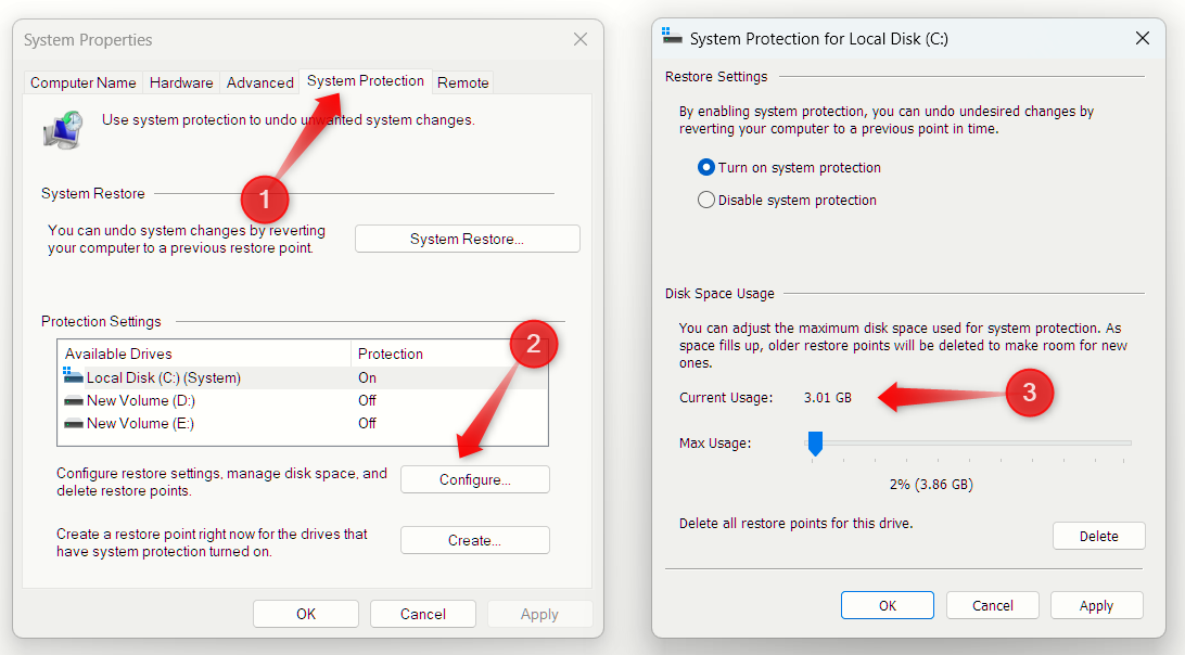 Windows のシステムの復元によって消費されるスペースを確認します。