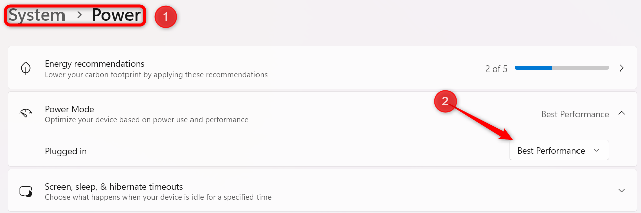 Windows の設定アプリで電源モードを変更します。