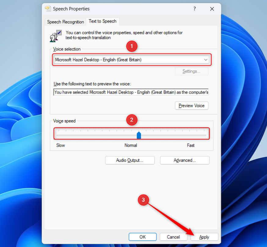 Windows 11 の[音声のプロパティ]ダイアログ ボックスの音声選択と音声速度のオプション。[適用]ボタンが強調表示されています。