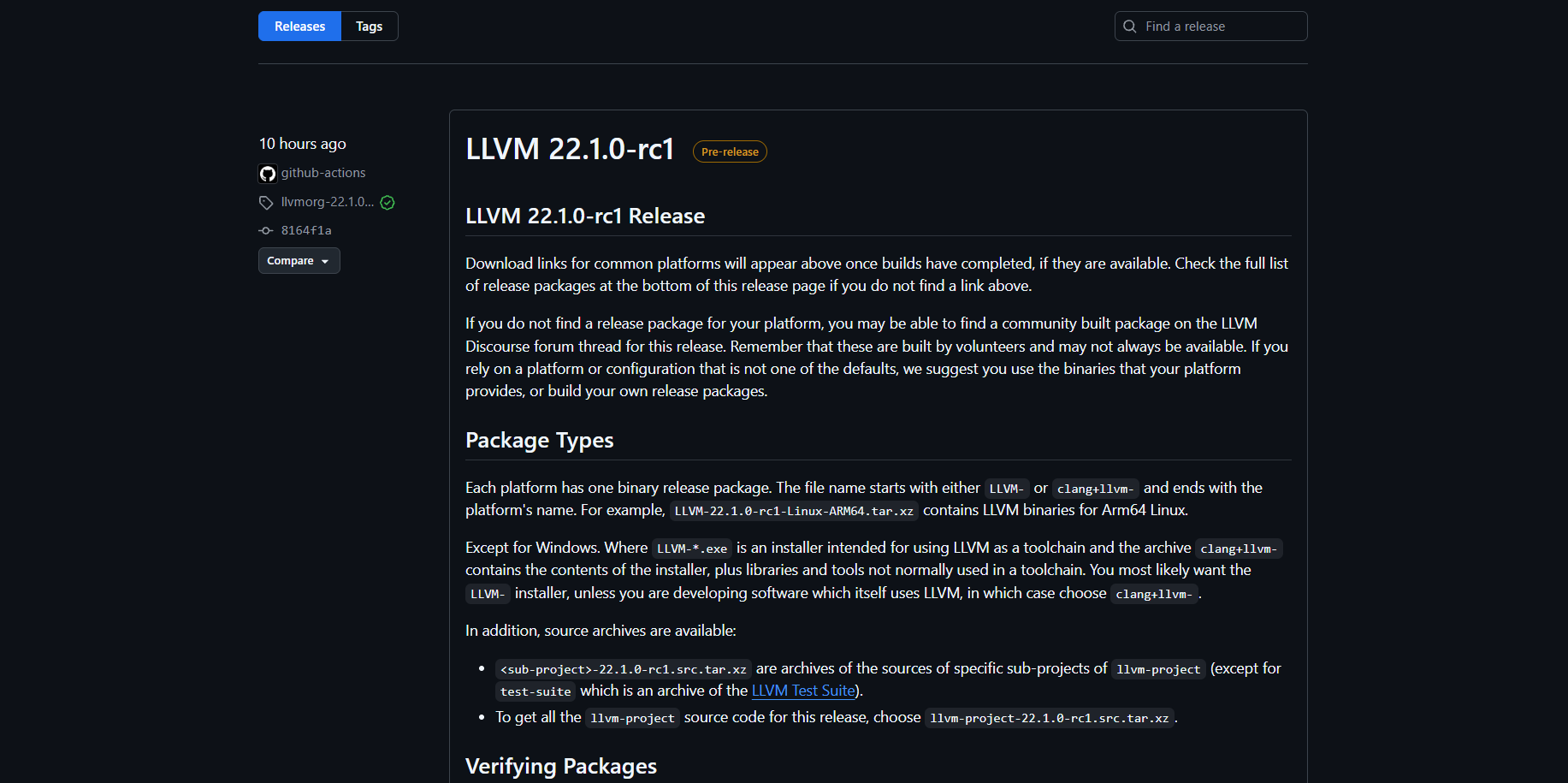 リリース履歴を示す GitHub ページ