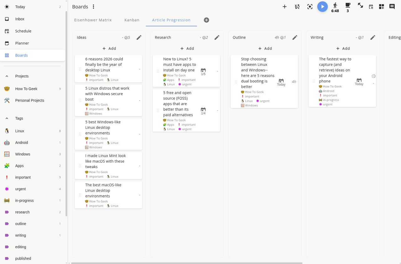 Super Productivity アプリでカスタムメイドされた Aricle Progression カンバン ボード。