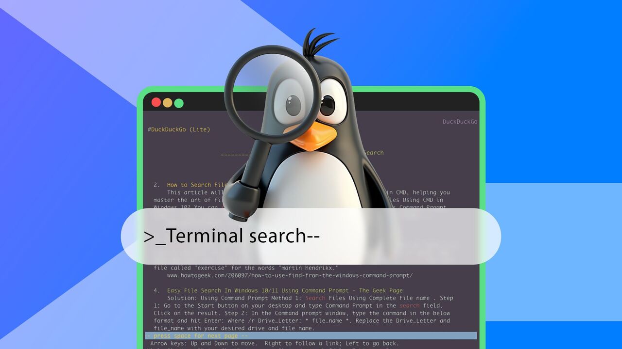 Linux ターミナル、中央の検索バー、虫眼鏡を持った Tux 。