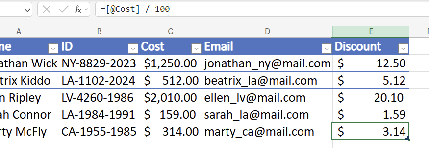 割引は、Web 用 Excel で例による数式によって計算され、[コスト]列の値を 100 で割ります。