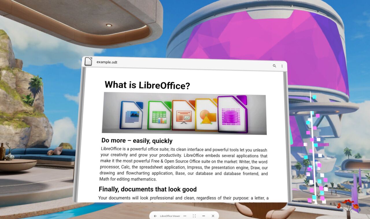 Quest ヘッドセット上の LibreOffice のスクリーンショット