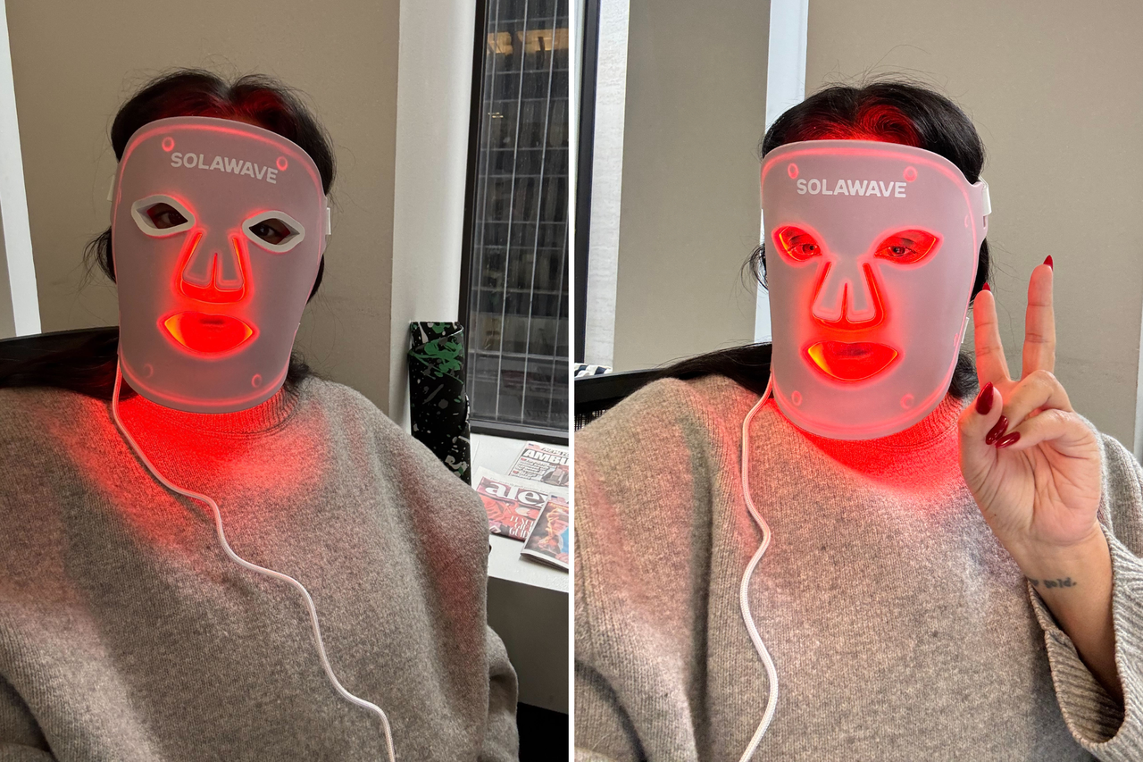 빨간불 치료 마스크를 쓴 여성이 평화 표시 동작 전과 도중에 얼굴을 보여주는 콜라주입니다.