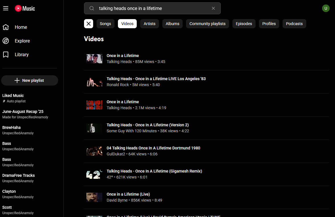 [ビデオ検索]タブを開いた YouTube Music のスクリーンショット。