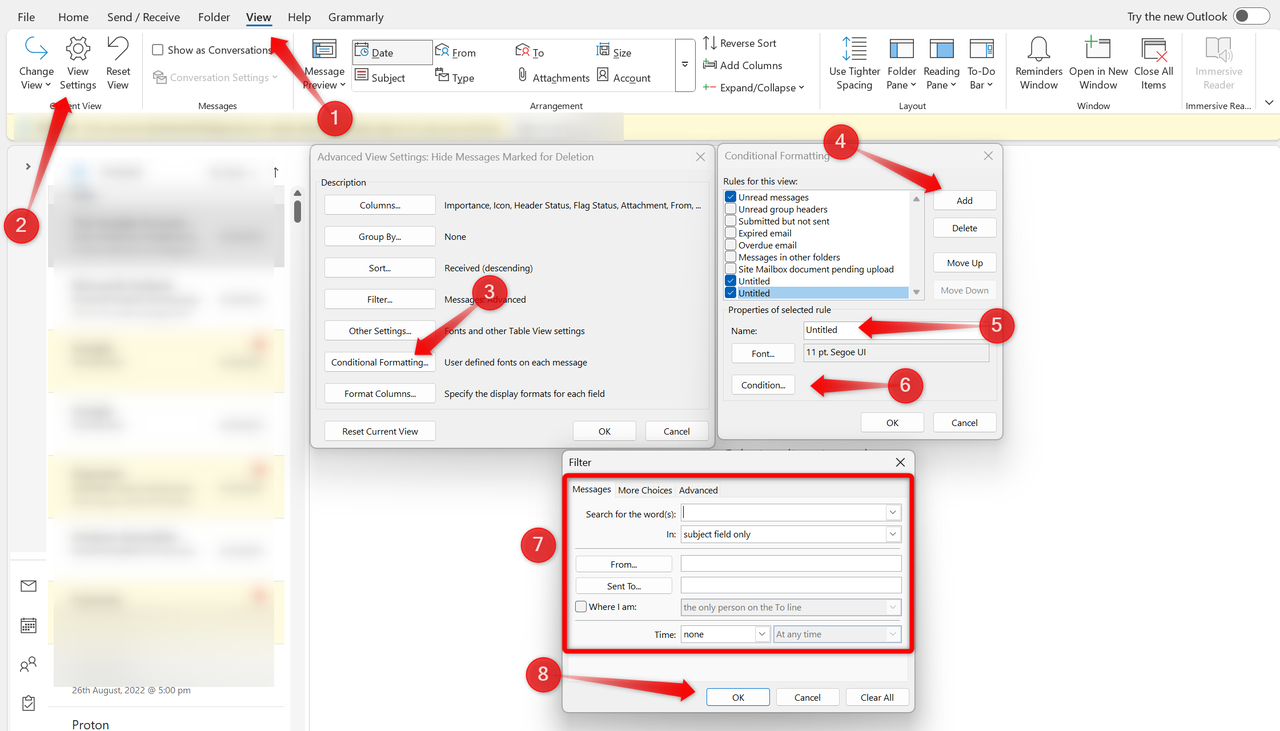 条件付き書式を使用して、Outlook の条件に基づいて電子メールをフィルター処理します。