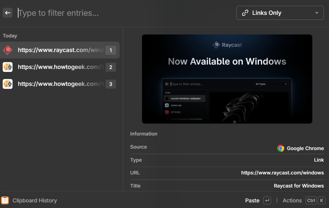 Raycast という Windows アプリのスクリーンショット。クリップボードの履歴が公開されます。