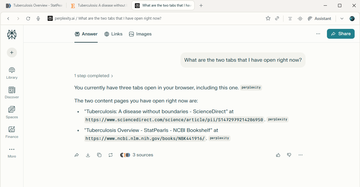 Perplexity Comet ブラウザは、ブラウザ内で開いているすべてのタブを表示できると回答します。
