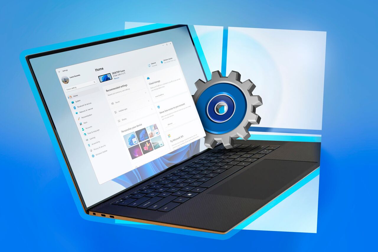 Windows 11 の設定画面とその隣に歯車が表示されたラップトップ。