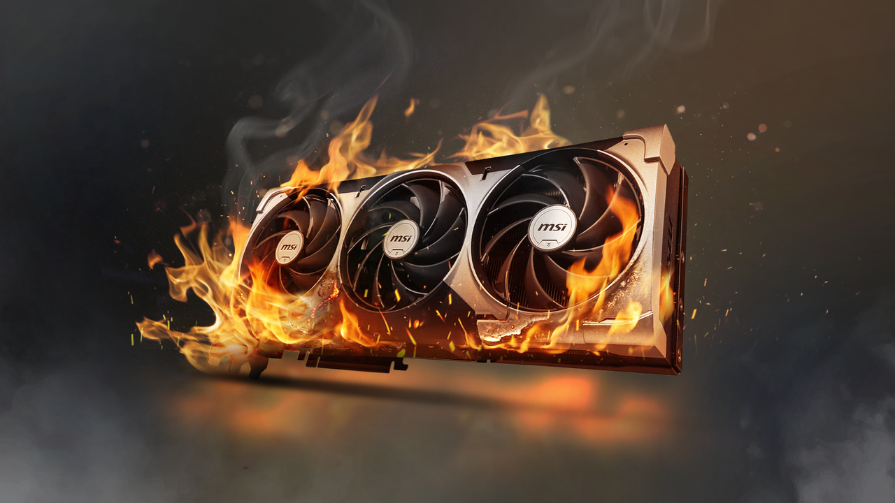 暗い背景で炎に包まれた RTX 5090。