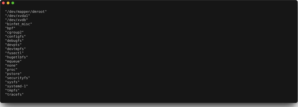 ターミナル ウィンドウには、jq を使用して duf JSON 出力から抽出されたデバイス名のリストが表示されます。