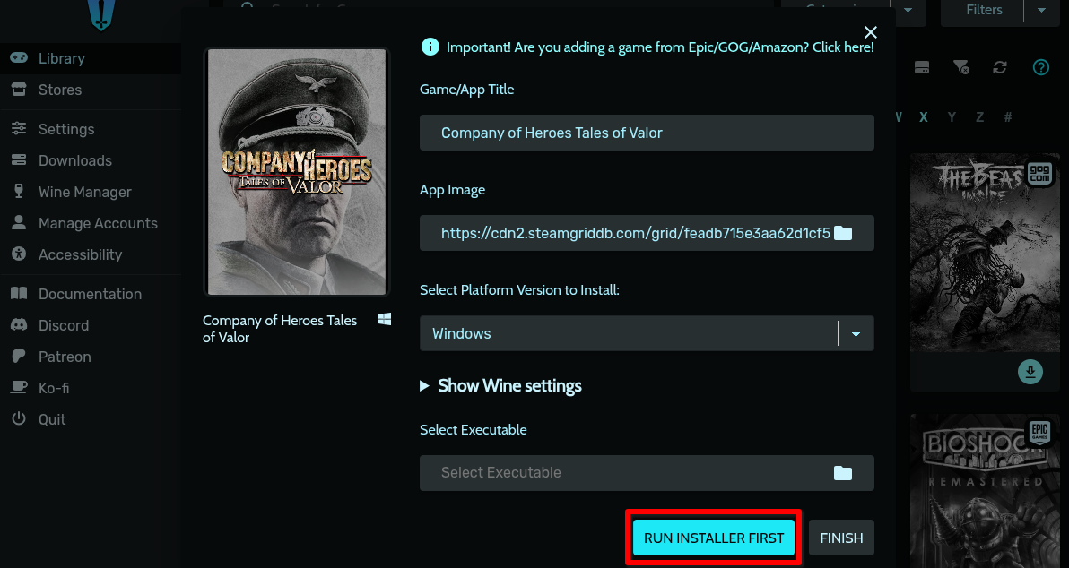 Heroic Games Launcher は、[最初にインストーラーを実行]ボタンの周りに赤いボックスを含むゲーム インターフェイスを追加します。