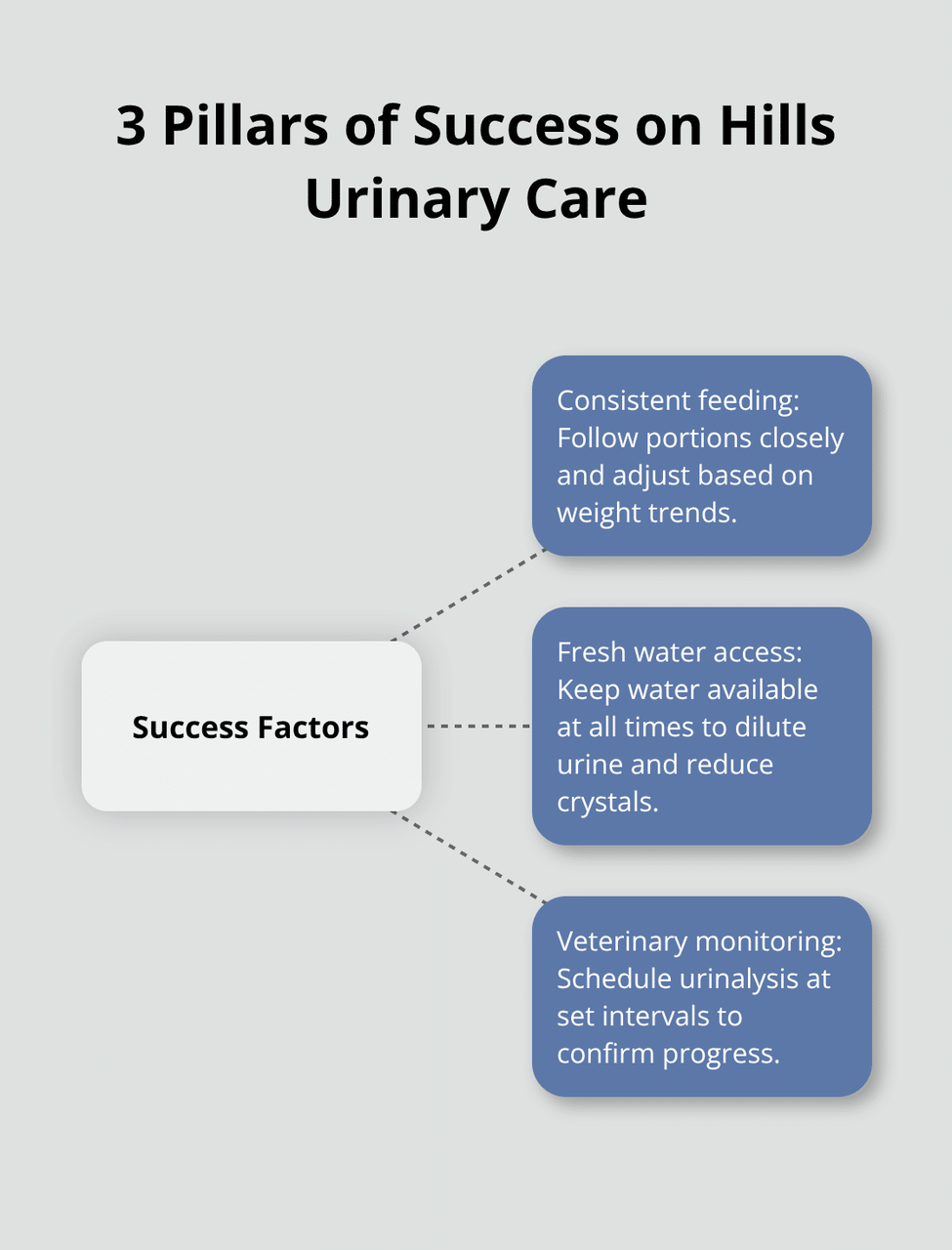 Hills Urinary Care의 세 가지 핵심 성공 요인을 보여주는 다이어그램. - 힐즈 요로보호견 사료