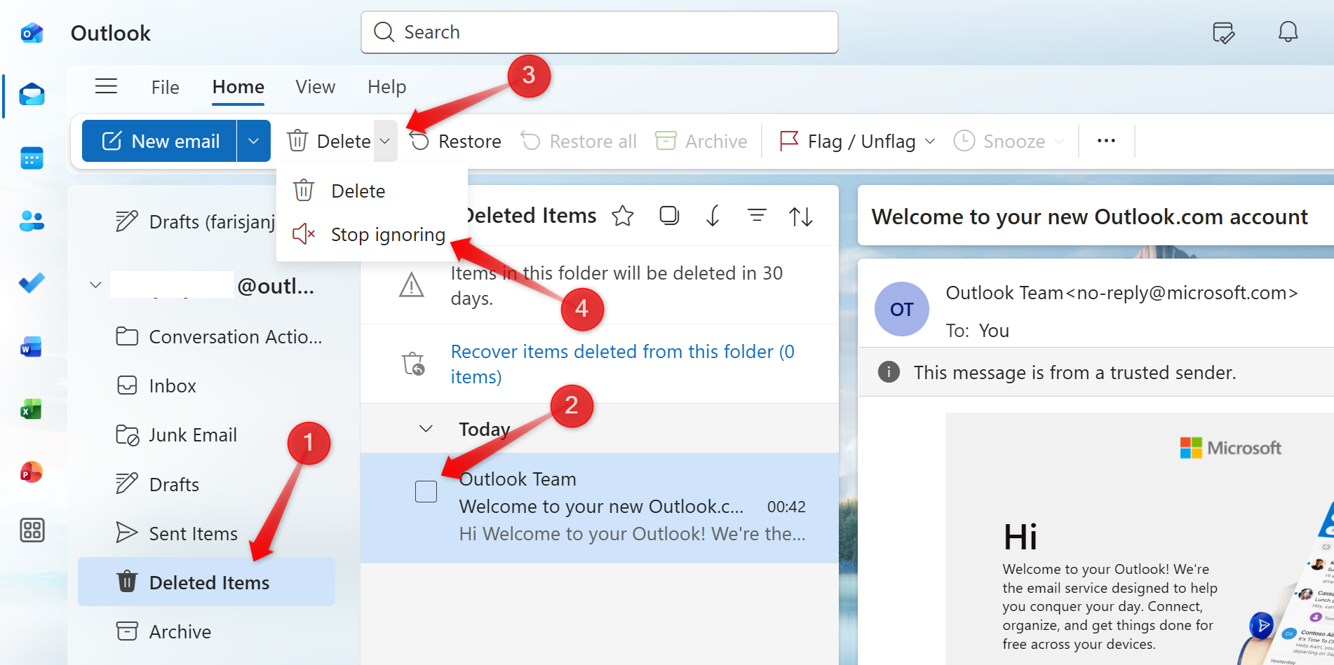 Outlook アプリの無視ルールを元に戻す。