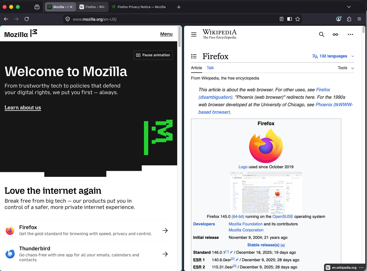 Firefox の分割ビュー モードのスクリーンショット