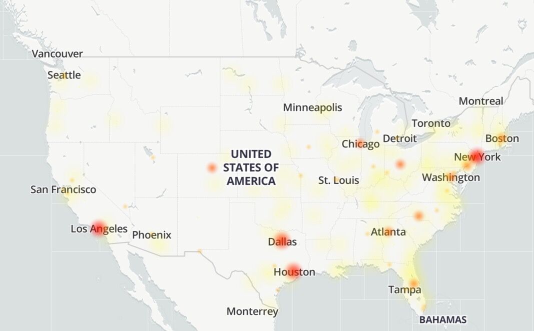 X(Twitter) 중단 지도와 미국 내 보고된 문제는 주요 도시에 집중되어 있음을 보여줍니다.