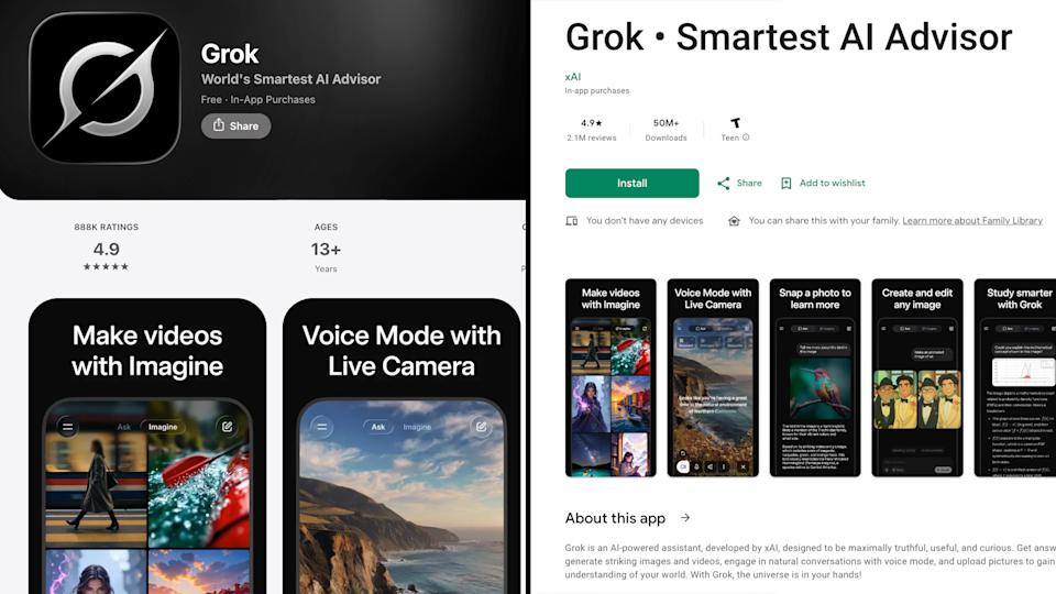 Grok - App Store 및 Play Store 목록
