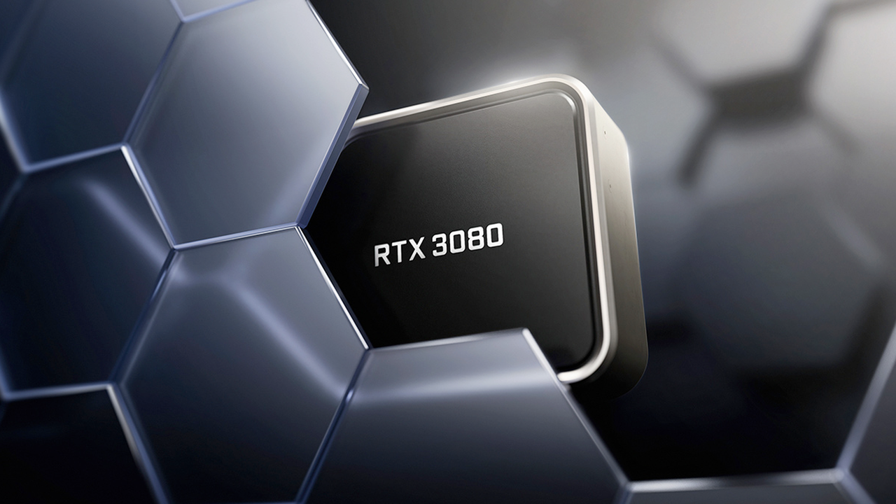 サイバースペースに浮かぶ NVIDIA RTX 3080 グラフィックス カード。