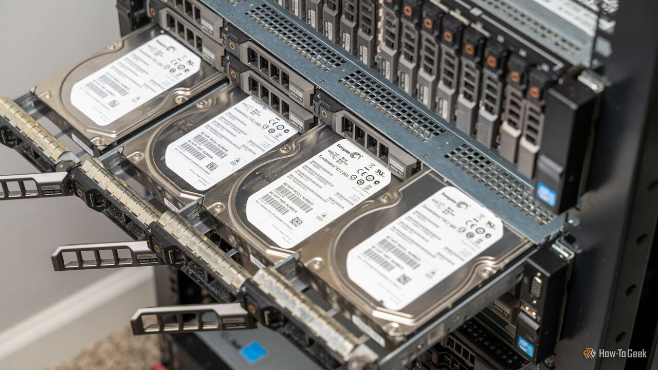 NAS として使用されているラックマウント サーバーから突き出ている 4 つのハード ドライバー。