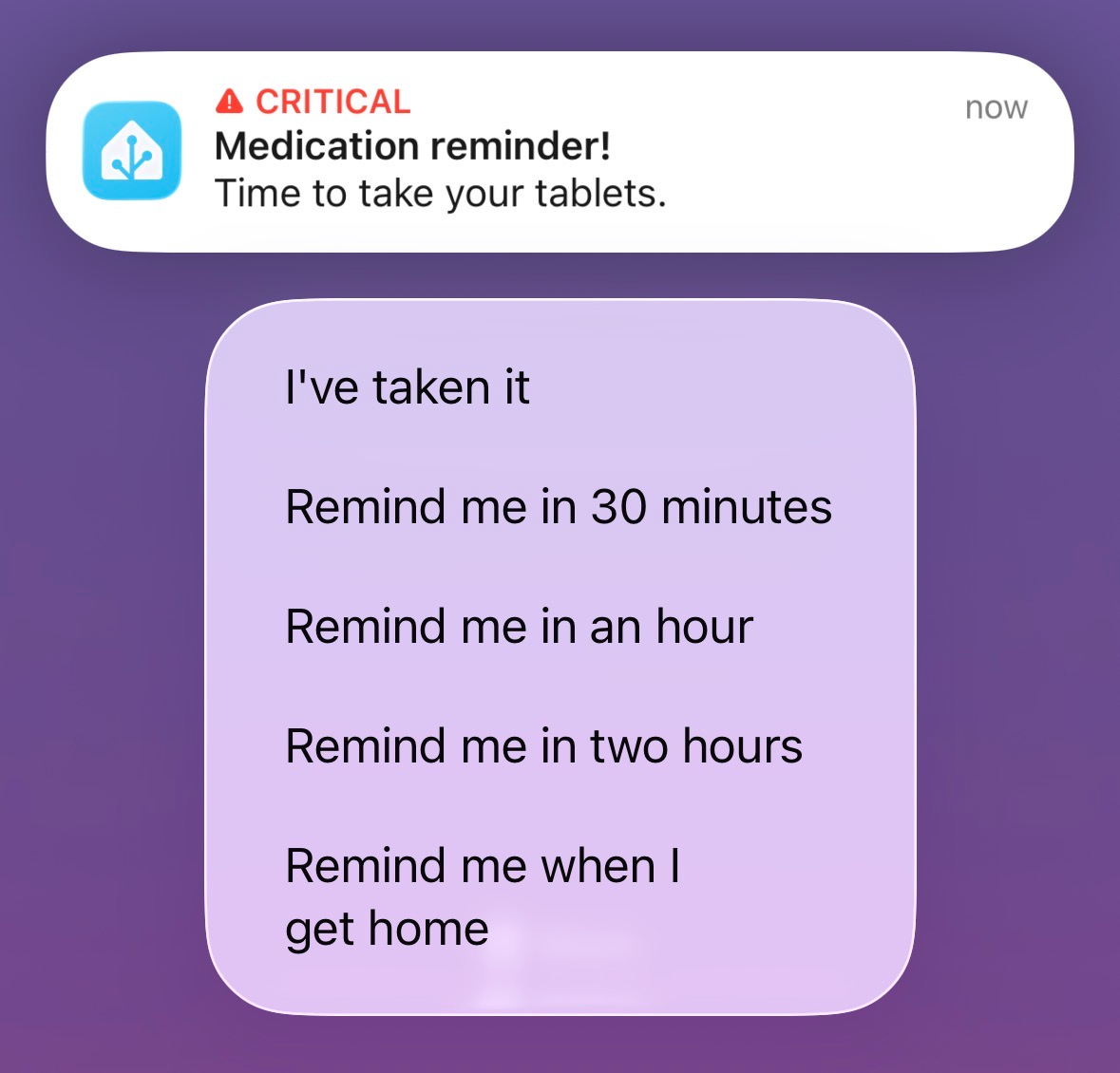 iPhone 上のホーム アシスタントからの実用的な通知。薬を服用済みとしてマークしたり、一定期間リマインダーを遅らせたり、帰宅時にリマインダーを受け取るオプションがあります。